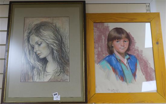 K. Blond, pastel of a lady, dated 1980, 45 x 31cm and a pastel portrait of a girl, 49 x 39cm